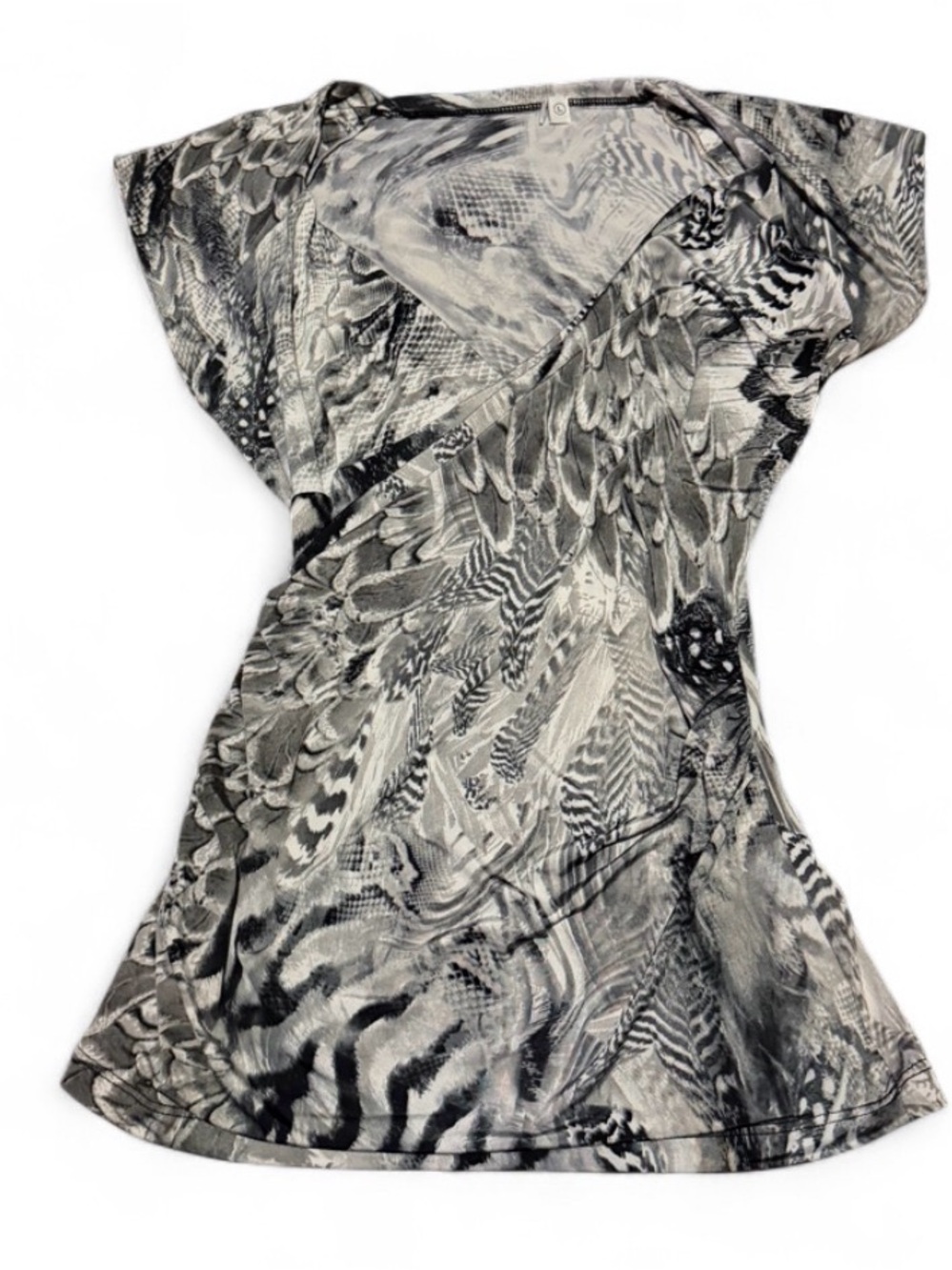 Grey and Black Y2K Animal Feather Print V Neck Crossover Top